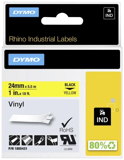 DYMO 1805431 Feliratozó szalag Vinyl Szalagszín: Sárga Szövegszín: Fekete 24 mm 5.5 m 2. kép