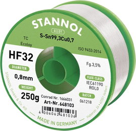 Stannol HF32 3,5% 0,8MM SN99CU0,7 CD 250G Forrasztóón, ólommentes Ólommentes Sn99,3Cu0,7 ROL0 250 g 