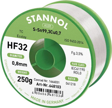 Stannol HF32 3,5% 0,8MM SN99CU0,7 CD 250G Forrasztóón, ólommentes Ólommentes Sn99,3Cu0,7 ROL0 250 g
