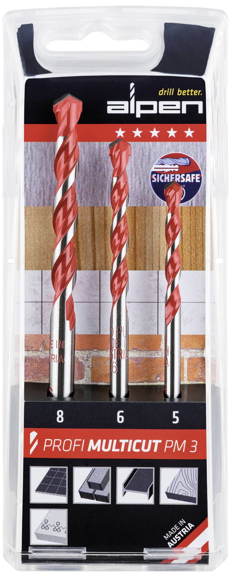 Alpen MultiCut 100703100 Keményfém Többcélú fúró készlet 3 részes 5 mm, 6 mm, 8 mm Hengeres befogósz