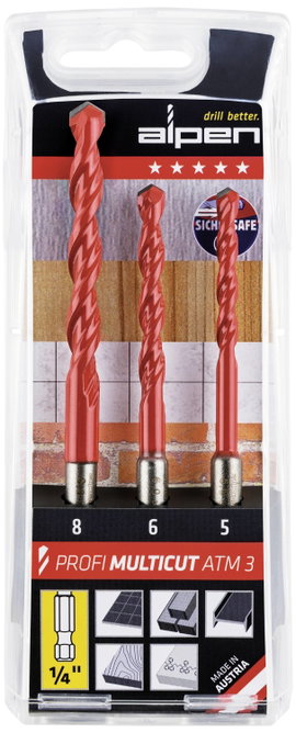 Alpen MultiCut 100803100 Keményfém Többcélú fúró készlet 3 részes 5 mm, 6 mm, 8 mm 1/4 (6,3 mm) 1 ké