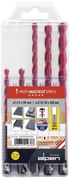 Alpen MultiCut 100905100 Keményfém Többcélú fúró készlet 5 részes 5 mm, 6 mm, 8 mm, 10 mm SDS-Plus 1