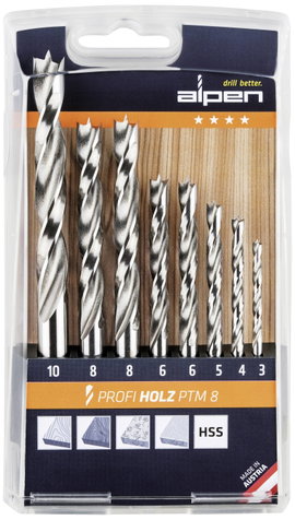 Alpen 600093100 Fa spirál fúró készlet 8 részes 3 mm, 4 mm, 5 mm, 6 mm, 8 mm, 10 mm Hengeres befogós