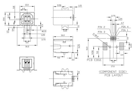 Beépített USB-B aljzat SMD 90G Alj, beépíthető, vízszintes UBU1BSMD 1 port UBU1BSMD econ connect Tar 2. kép