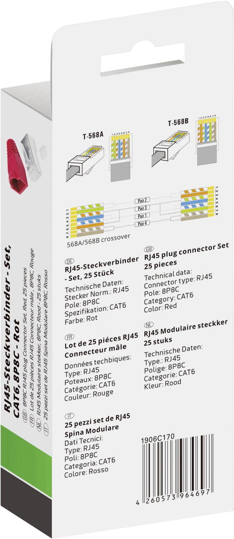 Quadrios RJ-45 csatlakozókészlet, CAT 6 1906C170 Dugó, egyenes Pólusszám 8P8C Piros 25 db 3. kép