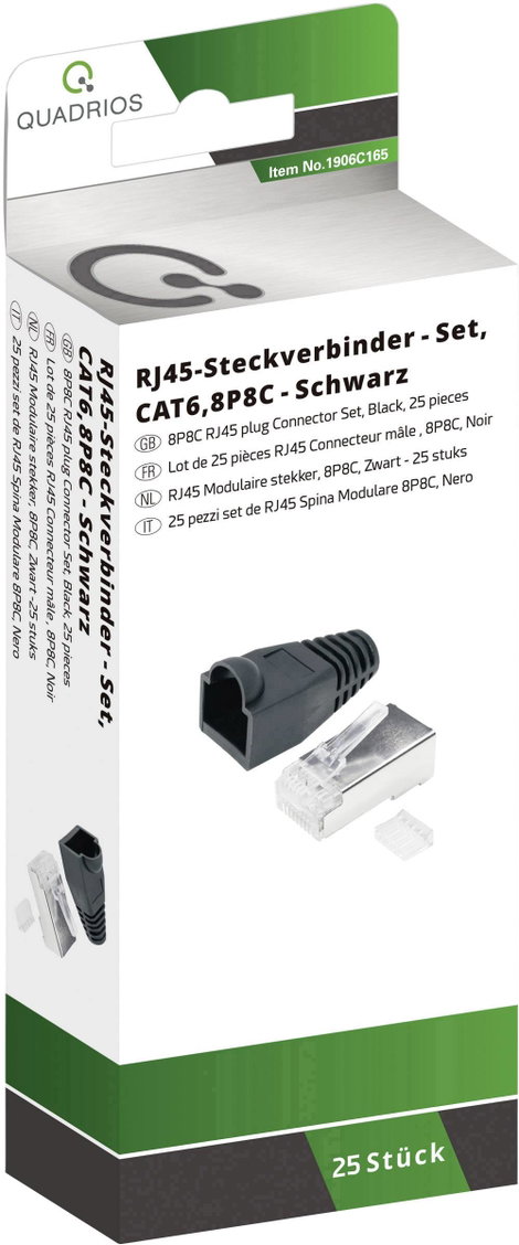 Quadrios RJ-45 csatlakozókészlet, CAT 6 1906C165 Dugó, egyenes Pólusszám 8P8C Fekete 25 db