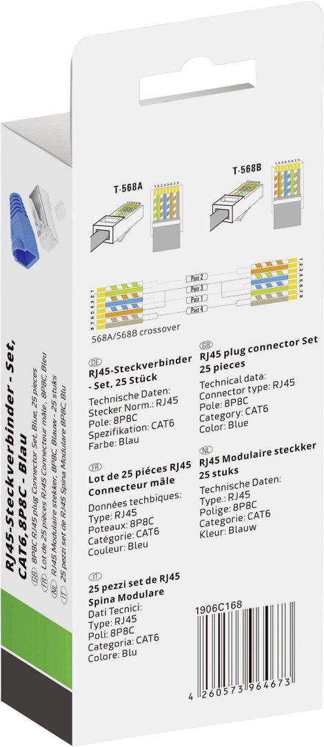Quadrios RJ-45 csatlakozókészlet, CAT 6 1906C168 Dugó, egyenes Pólusszám 8P8C Kék 25 db 3. kép