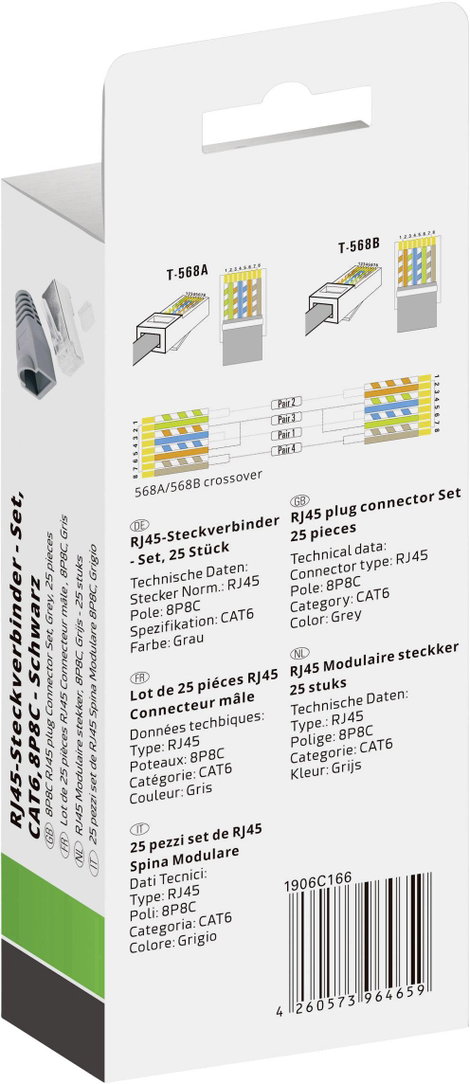 Quadrios RJ-45 csatlakozókészlet, CAT 6 1906C166 Dugó, egyenes Pólusszám 8P8C Szürke 25 db 3. kép