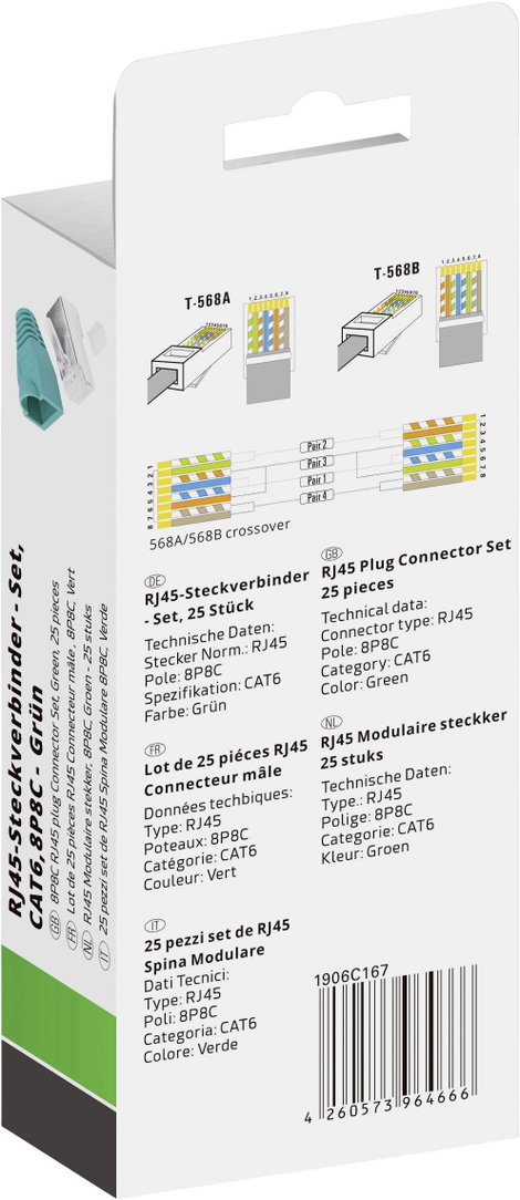 Quadrios RJ-45 csatlakozókészlet, CAT 6 1906C167 Dugó, egyenes Pólusszám 8P8C Zöld 25 db 3. kép
