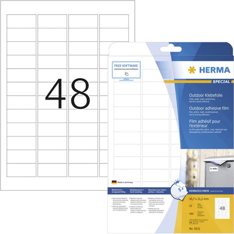 Herma 9531 Fólia címkék 45.7 x 21.2 mm Polietilén fólia Fehér 480 db Véglegesen tapadó Színes lézern