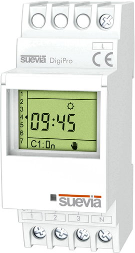 Suevia DigiPro Időkapcsoló óra kalapsínhez 1 váltó 16 A 250 V/AC Napi program, Heti program, Szabads