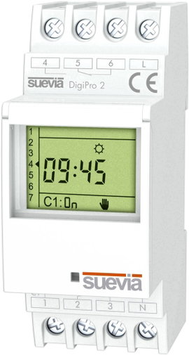 Suevia DigiPro 2 Időkapcsoló óra kalapsínhez 2 váltó 16 A 250 V/AC Napi program, Heti program, Szaba