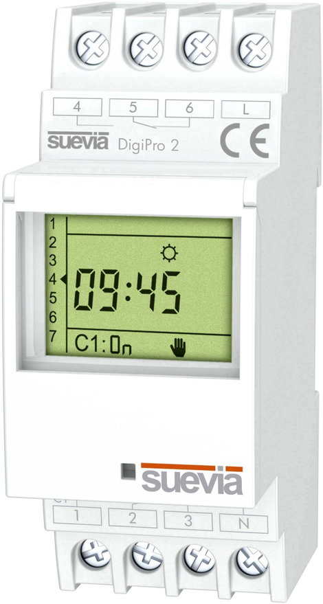 Suevia DigiPro 2 Időkapcsoló óra kalapsínhez 2 váltó 16 A 250 V/AC Napi program, Heti program, Szaba