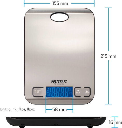 Digitális levélmérleg max. 5 kg, 1 g felbontás, elemes, nemesacél, Voltcraft TS-5000/1-Alu 10. kép