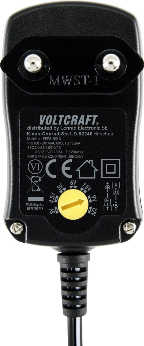 Univerzális beállítható dugasztápegység 3 V, 4,5 V, 5 V, 6 V, 7,5 V, 9 V, 12 V, 0,6 A 7,2 W, Voltcra 3. kép