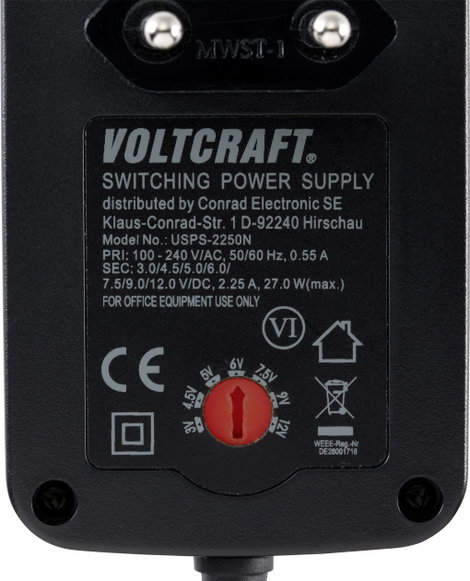 Állítható dugasztápegység 3 / 4,5 / 5 / 6 / 7,5 / 9 / 12 V/DC, 2,25 A 27 W, Voltcraft USPS-2250N 4. kép