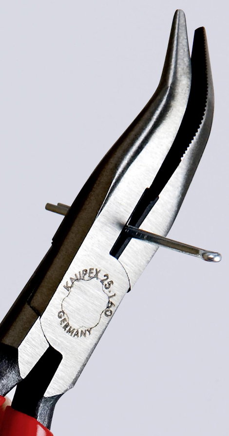 Fél-kerek csőrű fogó vágóéllel (Rádiófogó) 160 mm, hegyes, lapos pofa, Knipex 25 21 160