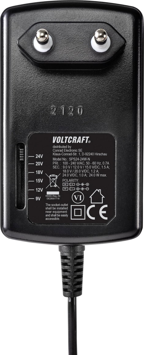 Állítható univerzális dugasztápegység 9, 12, 15, 18, 20, 24 V/DC 1,5 A 24 W, Voltcraft VC-11335620 2. kép