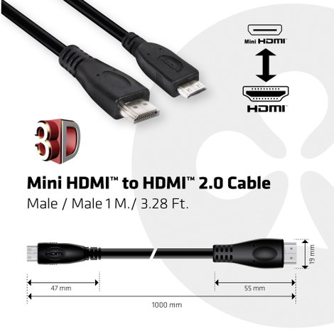 club3D HDMI Csatlakozókábel HDMI mini C dugó, HDMI-A dugó 1.00 m Fekete CAC-1350 HDMI kábel 3. kép