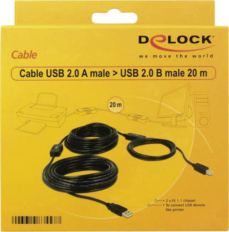 Delock USB kábel USB 2.0 USB-A dugó, USB-B dugó 20.00 m Fekete UL minősített 83557 3. kép