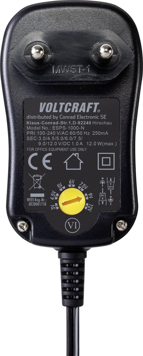 Univerzális beállítható dugasztápegység 3...12 V/DC 1 A 12 W, Voltcraft ESPS-1000-N VC-11320925 2. kép