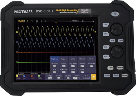 Digitális kézi oszcilloszkóp 100 MHz 4 csatornás 1 GSa/mp 40 Mpts 14 bit DSO, Voltcraft DSO-5104H
