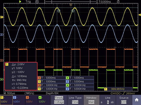 Digitális kézi oszcilloszkóp 100 MHz 4 csatornás 1 GSa/mp 40 Mpts 14 bit DSO, Voltcraft DSO-5104H 26. kép