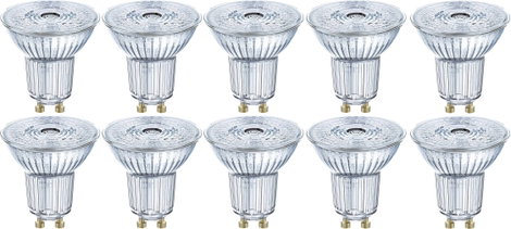 Reflektoros LED izzó készlet, GU10, A+, 4,3 W = 50 W, melegfehér, Ø 51 x 55 mm, 10 db, OSRAM