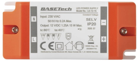 Basetech LD-12-15 LED transzformátor Állandó feszültségű 15 W 1.25 A Bútorhoz alkalmas, Túlfeszültsé 2. kép