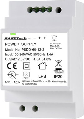 Basetech PSDD-60-12-2 Kalapsínes tápegység 12 V 4.5 A 54 W Kimenetek száma:2 x Tartalom, tartalmi eg
