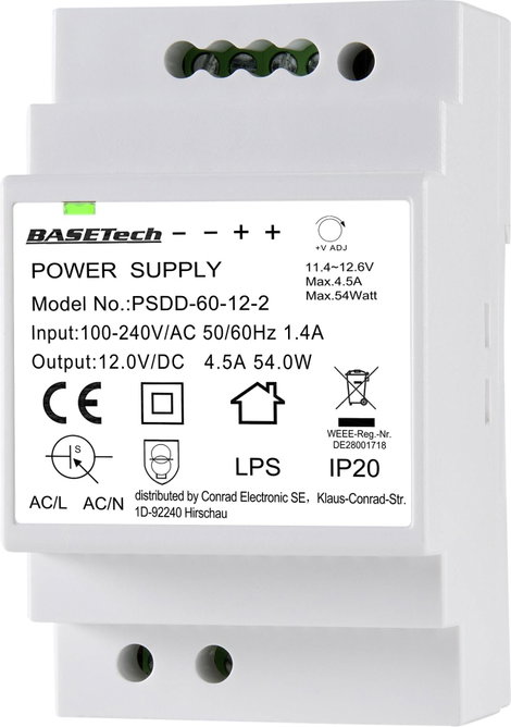 Basetech PSDD-60-12-2 Kalapsínes tápegység 12 V 4.5 A 54 W Kimenetek száma:2 x Tartalom, tartalmi eg