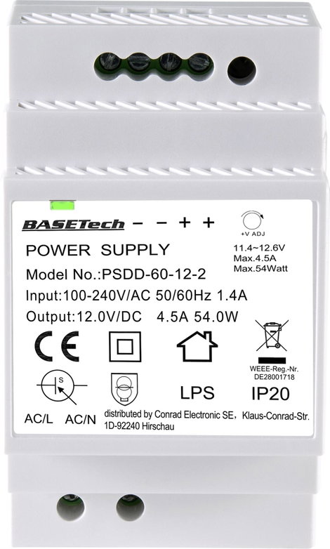 Basetech PSDD-60-12-2 Kalapsínes tápegység 12 V 4.5 A 54 W Kimenetek száma:2 x Tartalom, tartalmi eg 2. kép