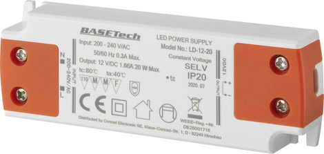 Basetech LD-12-20 LED transzformátor Állandó feszültségű 20 W 1.66 A Bútorhoz alkalmas, Túlfeszültsé