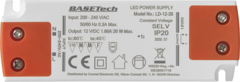 Basetech LD-12-20 LED transzformátor Állandó feszültségű 20 W 1.66 A Bútorhoz alkalmas, Túlfeszültsé 2. kép