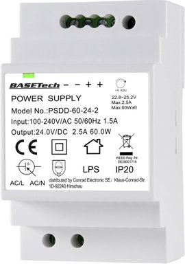 Basetech PSDD-60-24-2 Kalapsínes tápegység 24 V 2.5 A 60 W Kimenetek száma:2 x Tartalom, tartalmi eg