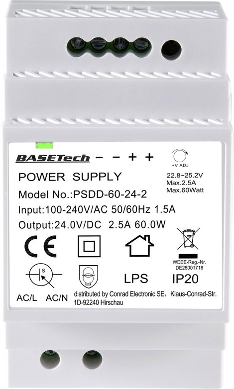 Basetech PSDD-60-24-2 Kalapsínes tápegység 24 V 2.5 A 60 W Kimenetek száma:2 x Tartalom, tartalmi eg 2. kép