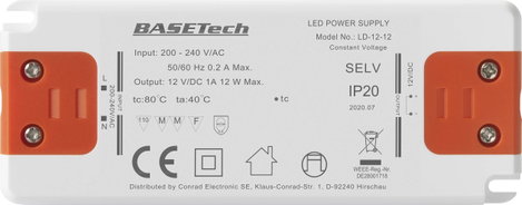 Basetech LD-12-12 LED transzformátor Állandó feszültségű 12 W 1 A Bútorhoz alkalmas, Túlfeszültség k 2. kép