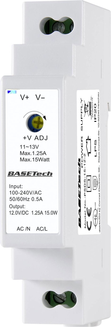 Basetech PSDS-15-12-2 Kalapsínes tápegység 12 V 1.25 A 15 W Kimenetek száma:1 x Tartalom, tartalmi e