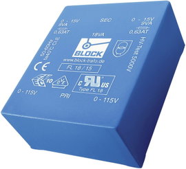 Block FL 18/9 Nyomtatott áramköri transzformátor 2 x 115 V 2 x 9 V/AC 18 VA 1.0 A