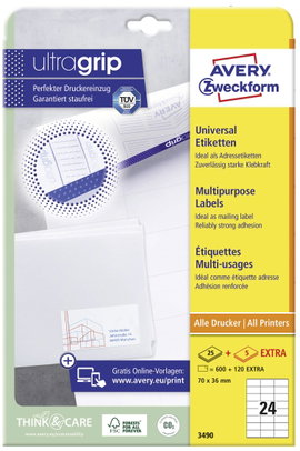 Avery-Zweckform 3490 Univerzális etikett 70 x 36 mm Papír Fehér 720 db Véglegesen tapadó Tintasugara