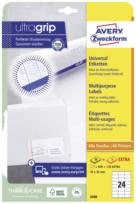 Avery-Zweckform 3490 Univerzális etikett 70 x 36 mm Papír Fehér 720 db Véglegesen tapadó Tintasugara 2. kép