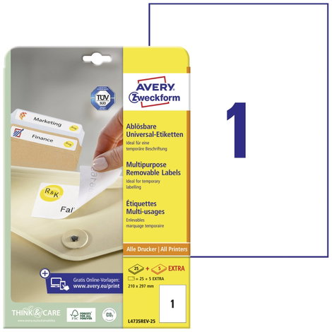 Avery-Zweckform L4735REV-25 Univerzális etikett 210 x 297 mm Papír Fehér 30 db Leoldható Tintasugara