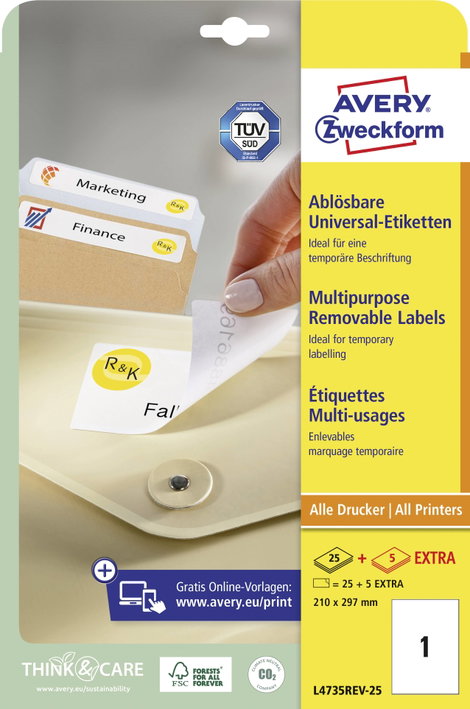 Avery-Zweckform L4735REV-25 Univerzális etikett 210 x 297 mm Papír Fehér 30 db Leoldható Tintasugara 2. kép