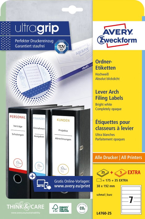 Avery-Zweckform Mappa etikett L4760-25 38 x 192 mm Papír Fehér Véglegesen tapadó 210 db 3. kép