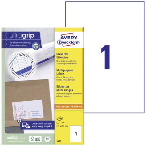 Avery-Zweckform 3478 Univerzális etikett 210 x 297 mm Papír Fehér 100 db Véglegesen tapadó Tintasuga