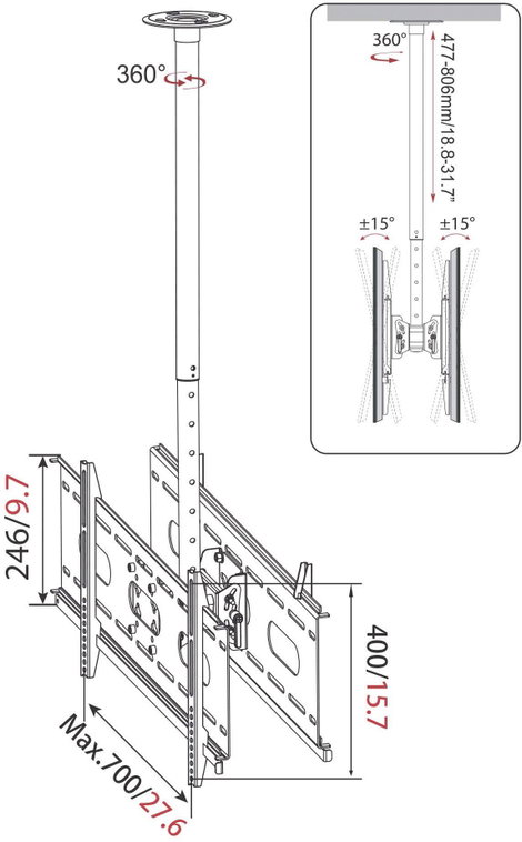 My Wall HP 3 L TV mennyezeti tartó 94,0 cm (37) - 160,0 cm (63) Dönthető 3. kép