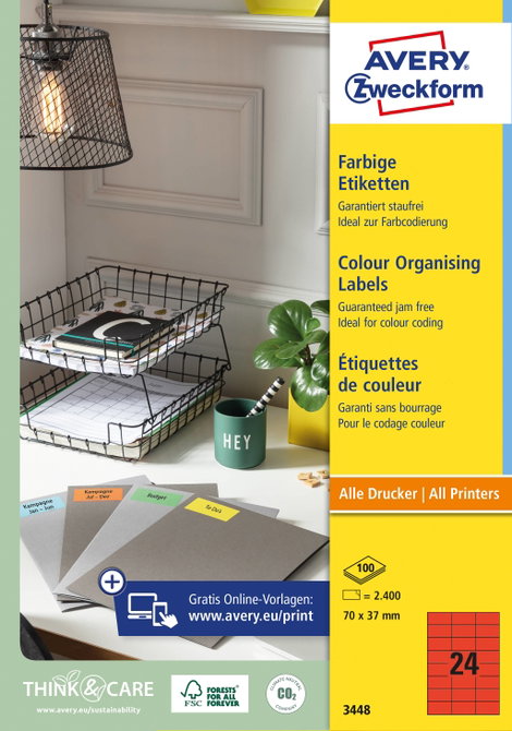 Avery-Zweckform 3448 Univerzális etikett 70 x 37 mm Papír Piros 2400 db Véglegesen tapadó Tintasugar 3. kép