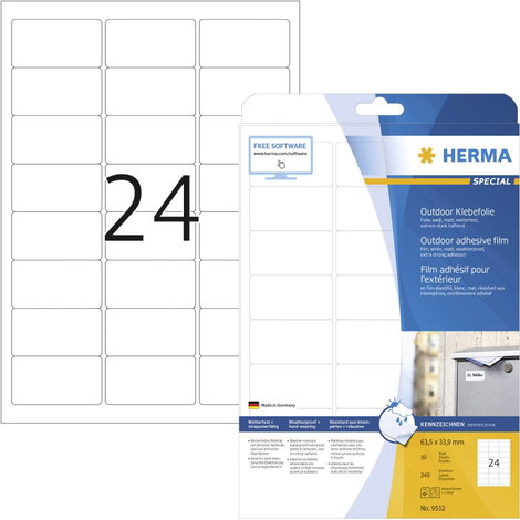 Herma 9532 Fólia címkék 63.5 x 33.9 mm Polietilén fólia Fehér 240 db Véglegesen tapadó Színes lézern