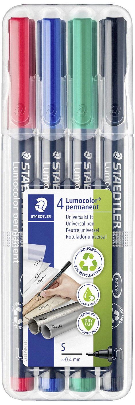 Staedtler Lumocolor permanent S DRY SAFE 313 WP4 Permanent marker Piros, Kék, Zöld, Fekete Vízálló: