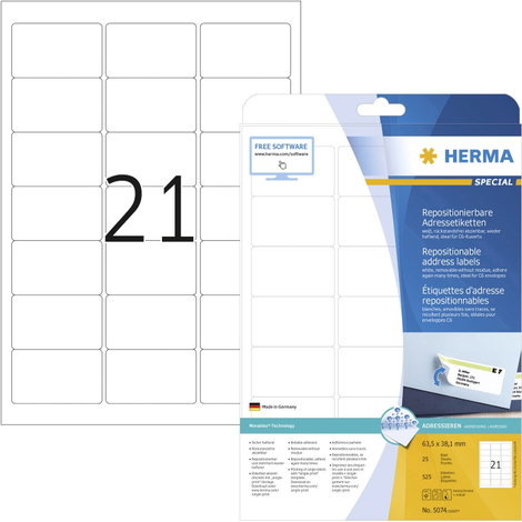 Herma 5074 63.5 x 38.1 mm Papír Fehér 525 db Leoldható Cím etikett Tinta, Lézer, Másolat